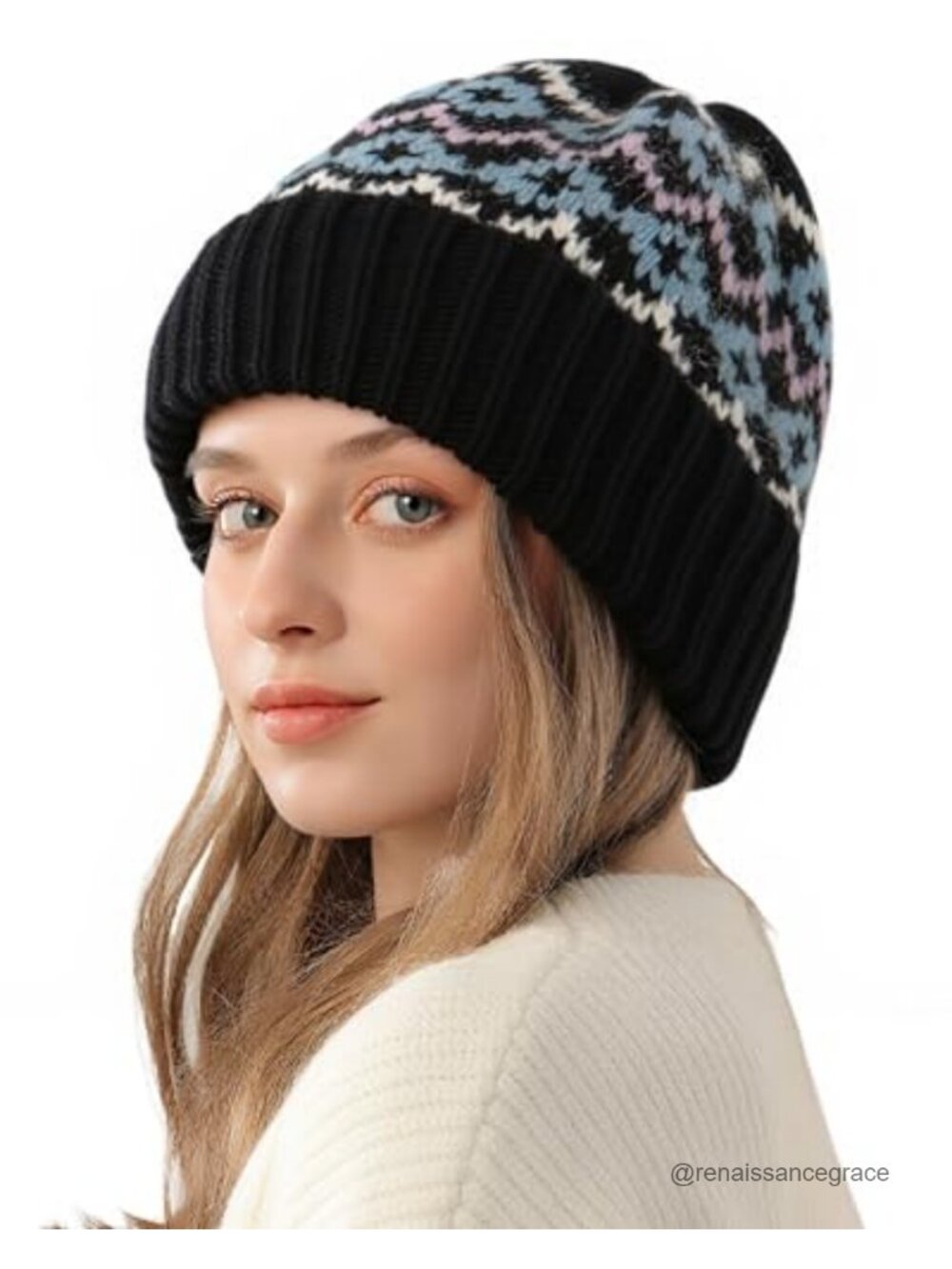 Winter Beanie Hat Warm Knitted Slouchy Fair Isle Acrylic One Size